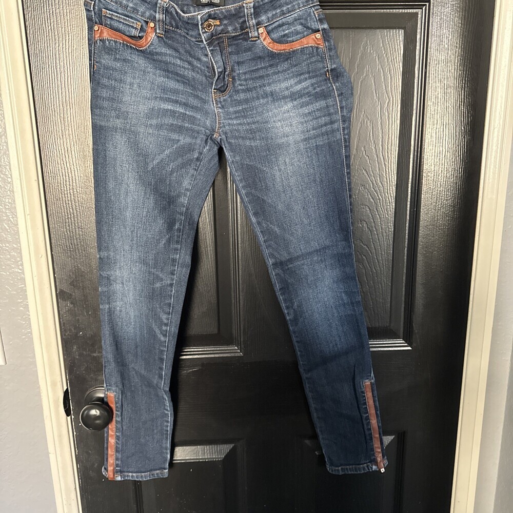 White House Black Market Skimmer Blue Jeans Faux Leather Trim Women 00 Zip Ankle